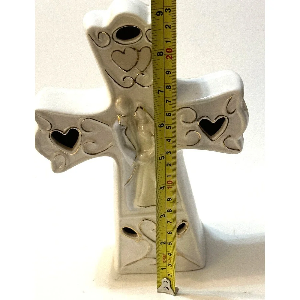 Wedding Cross with Bride and Groom surrounded with Gold Hearts made of Porcelain